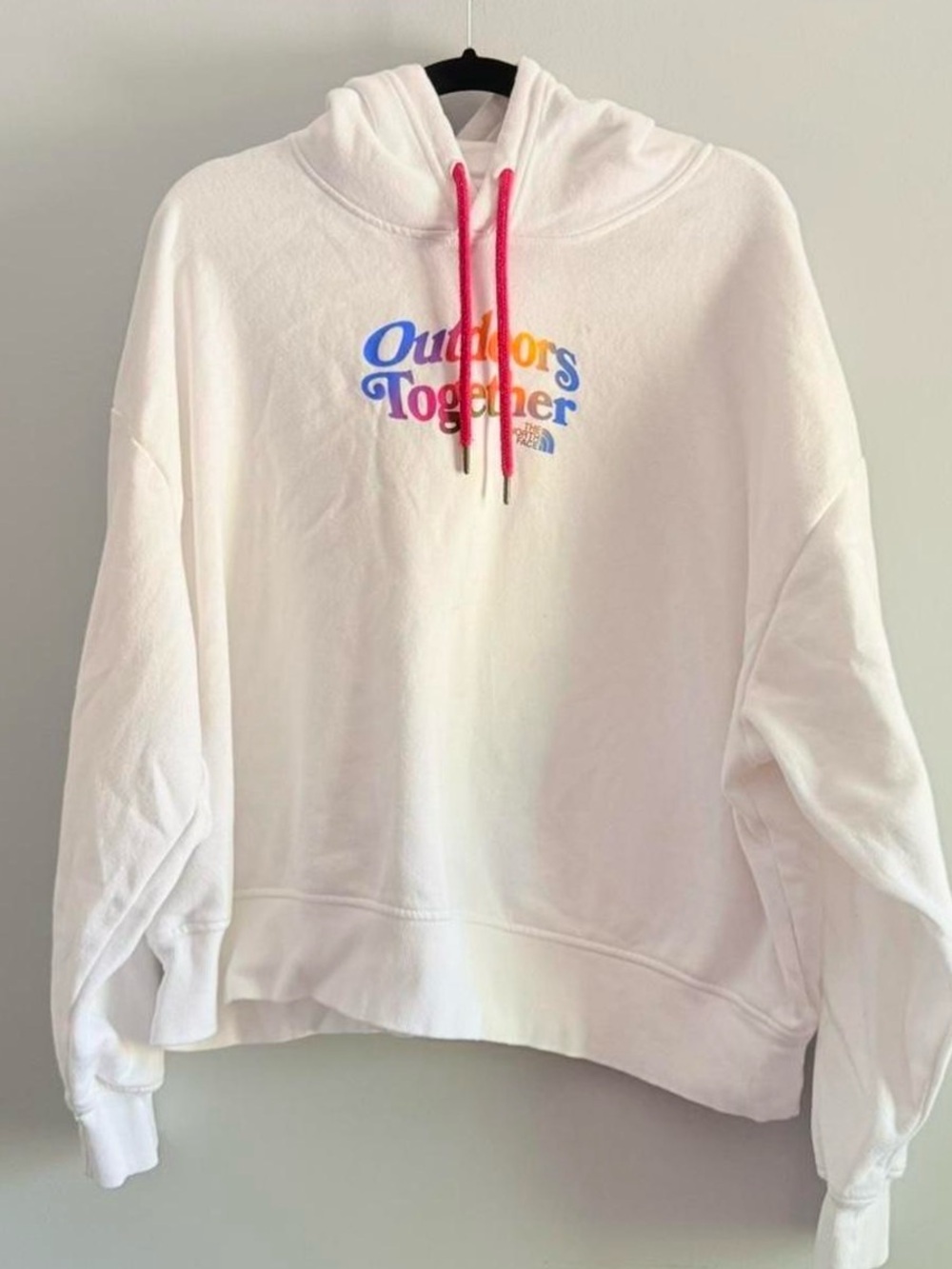The North Face White Hoodie with Multicolor "Outdoors Together" Logo. Size L.